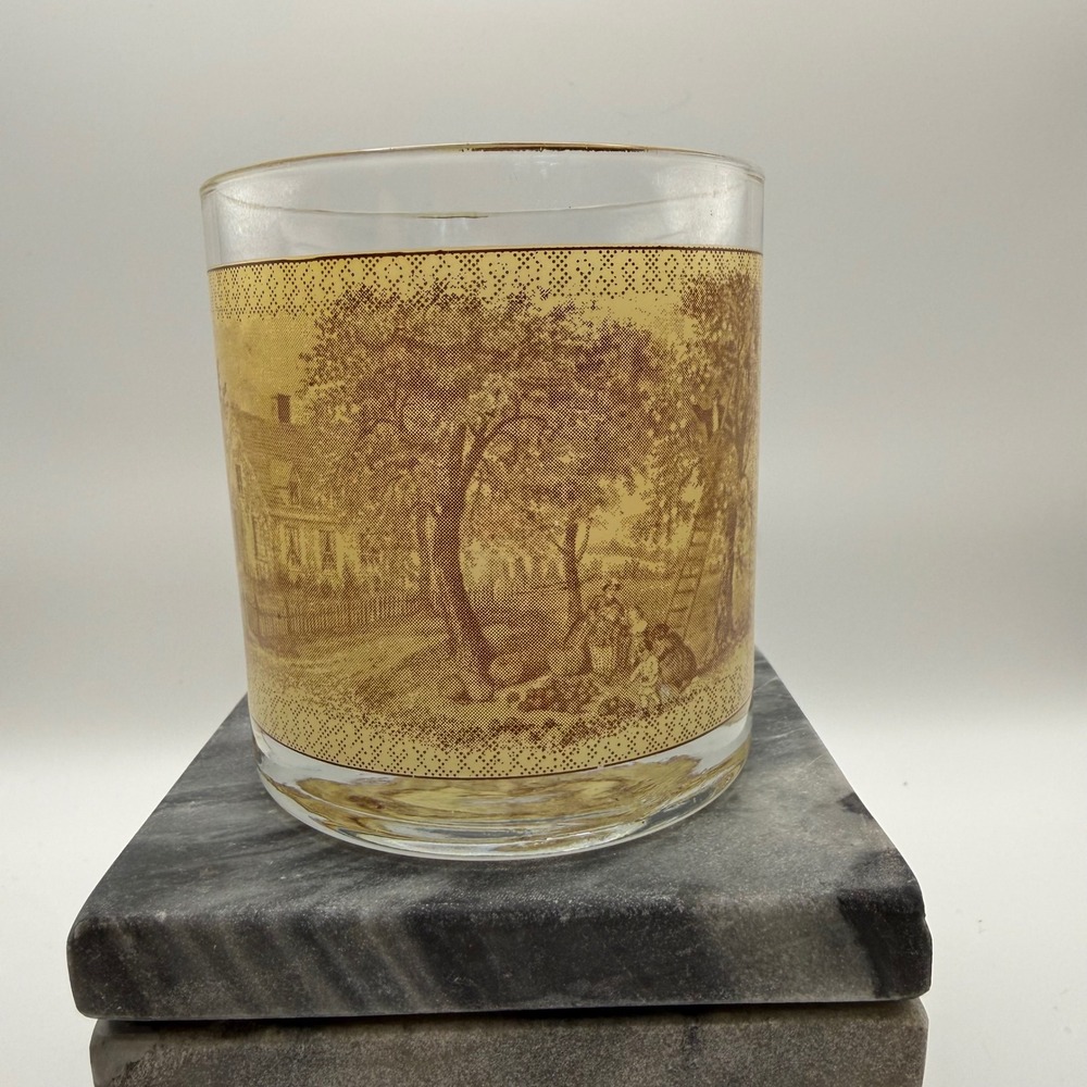 Vintage Currier & Ives Fall Rocks Glass Houze Four Seasons Gold Sepia Tumbler